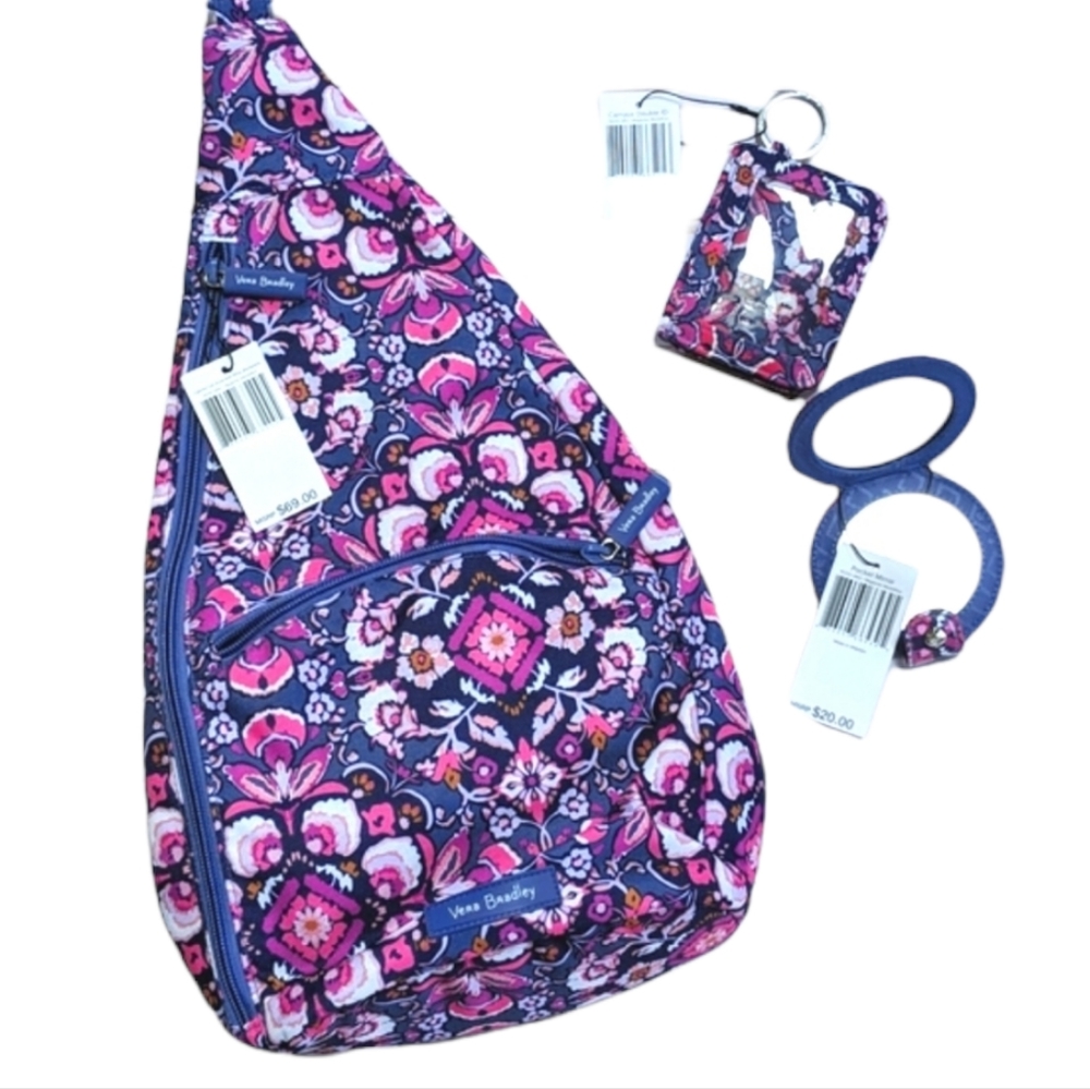Vera Bradley Magenta Medallion Sling Backpack, Campus ID And Mirror Bundle NWT